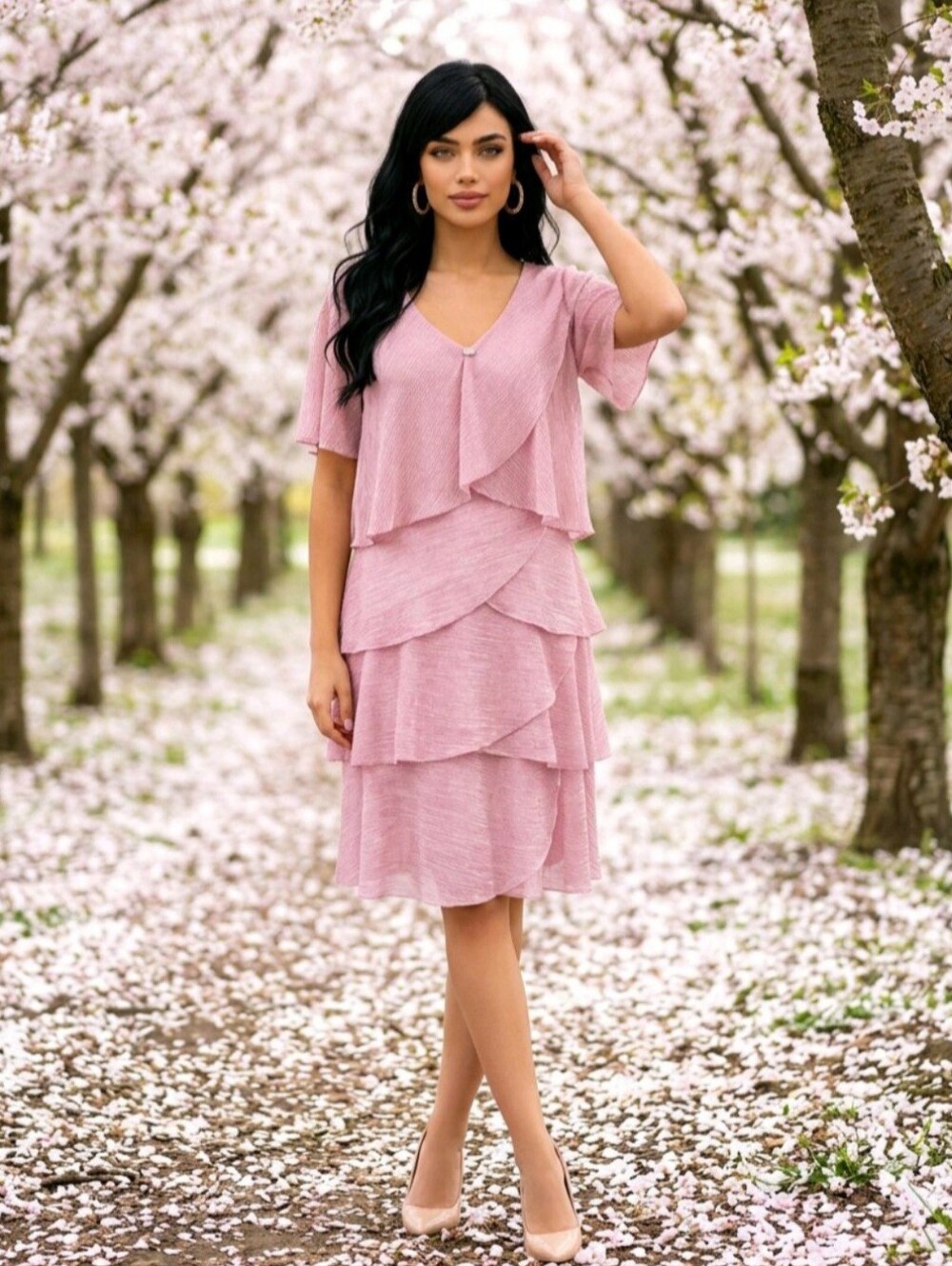 🪩🌷 SLNY S.L. Fashions Rose Petal Pink Wedding Guest Ruffle Tinsel Dress SZ 18